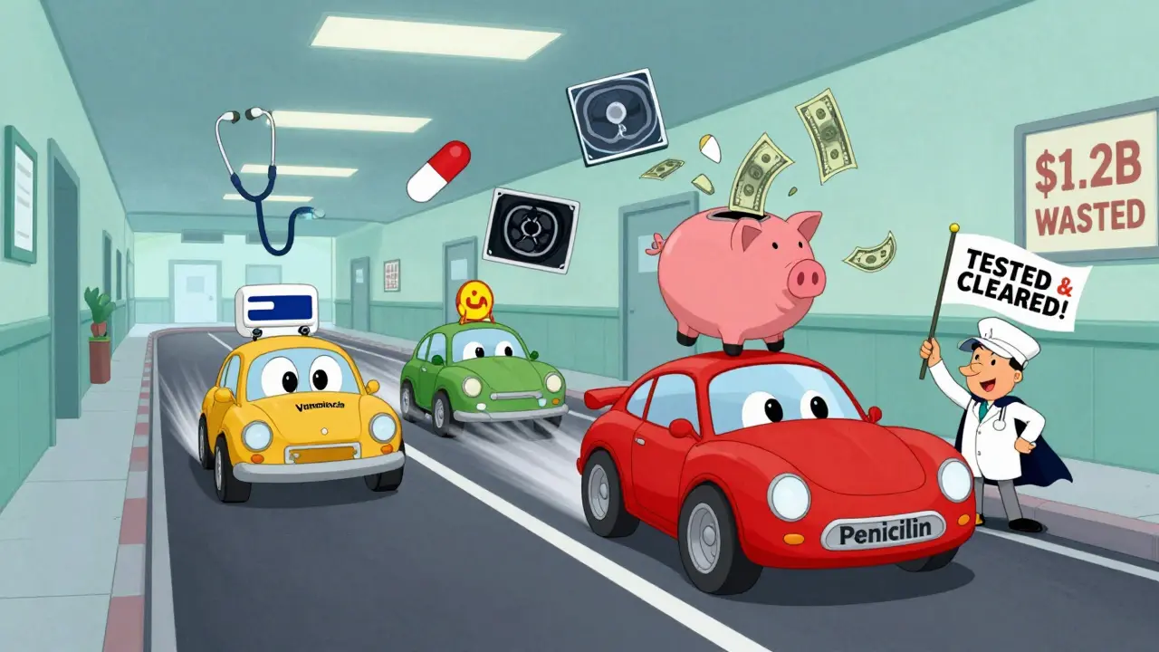 Cartoon race where penicillin wins over expensive antibiotics, with money flying from a broken piggy bank.