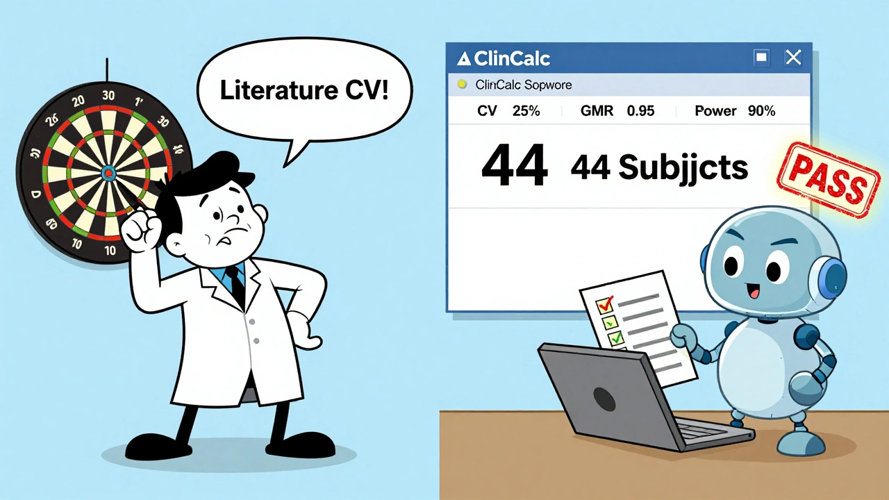 Cartoon scientist using ClinCalc software with correct inputs and a PASS output, contrasting with guesswork.