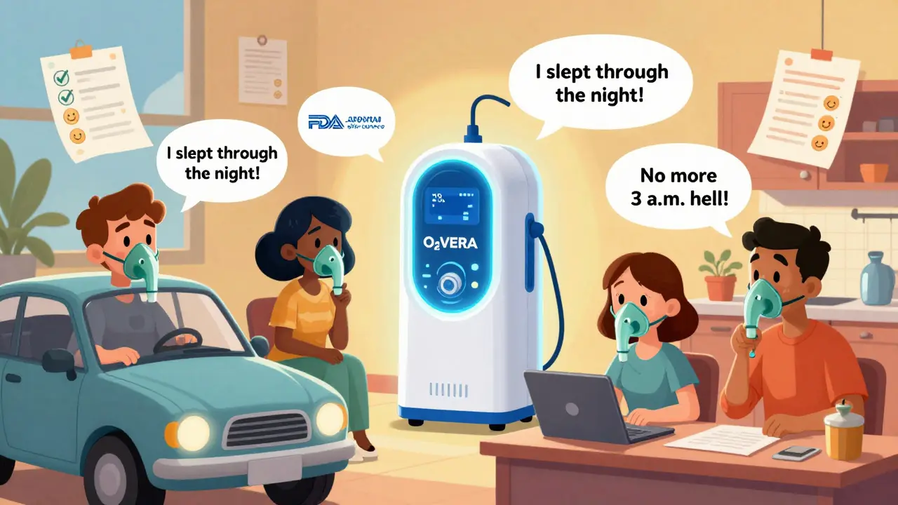 Diverse patients using portable oxygen masks in daily settings, glowing devices and hopeful speech bubbles, warm lighting.