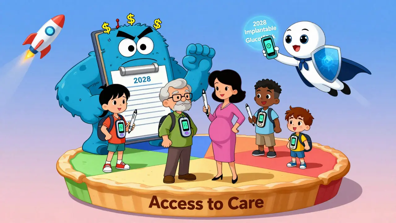 Diverse people with diabetes tech being rescued from an insurance monster by a superhero AI in cartoon style.