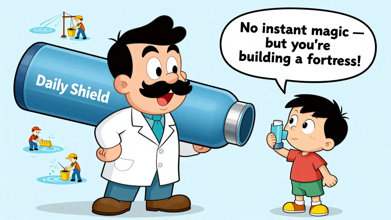 Doctor demonstrating proper use of a blue maintenance inhaler with tiny workers cleaning airways.