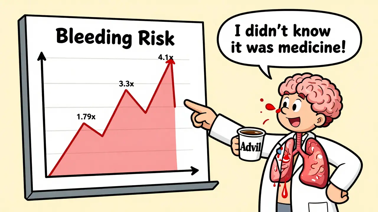 Doctor pointing at a chart showing bleeding risks from NSAIDs with cartoon organs bleeding.