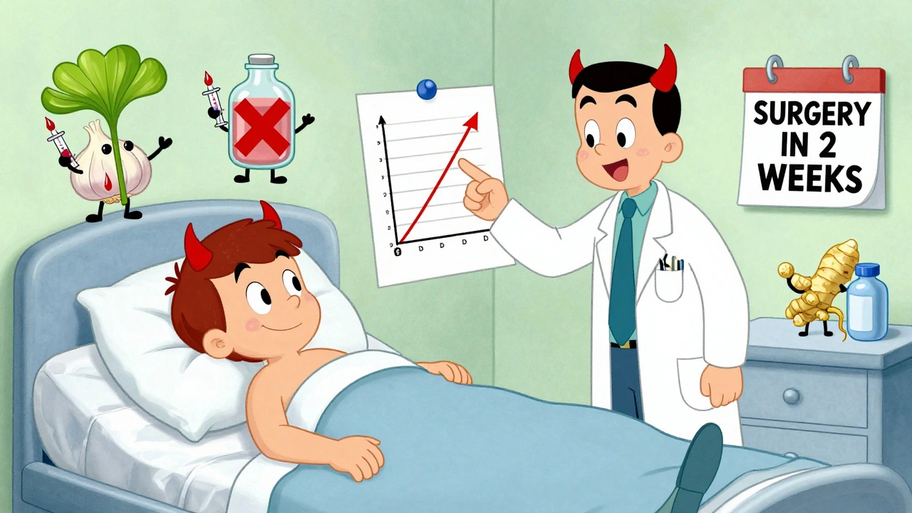 Doctor pointing at INR chart as supplements with devil horns drip blood in a hospital room.