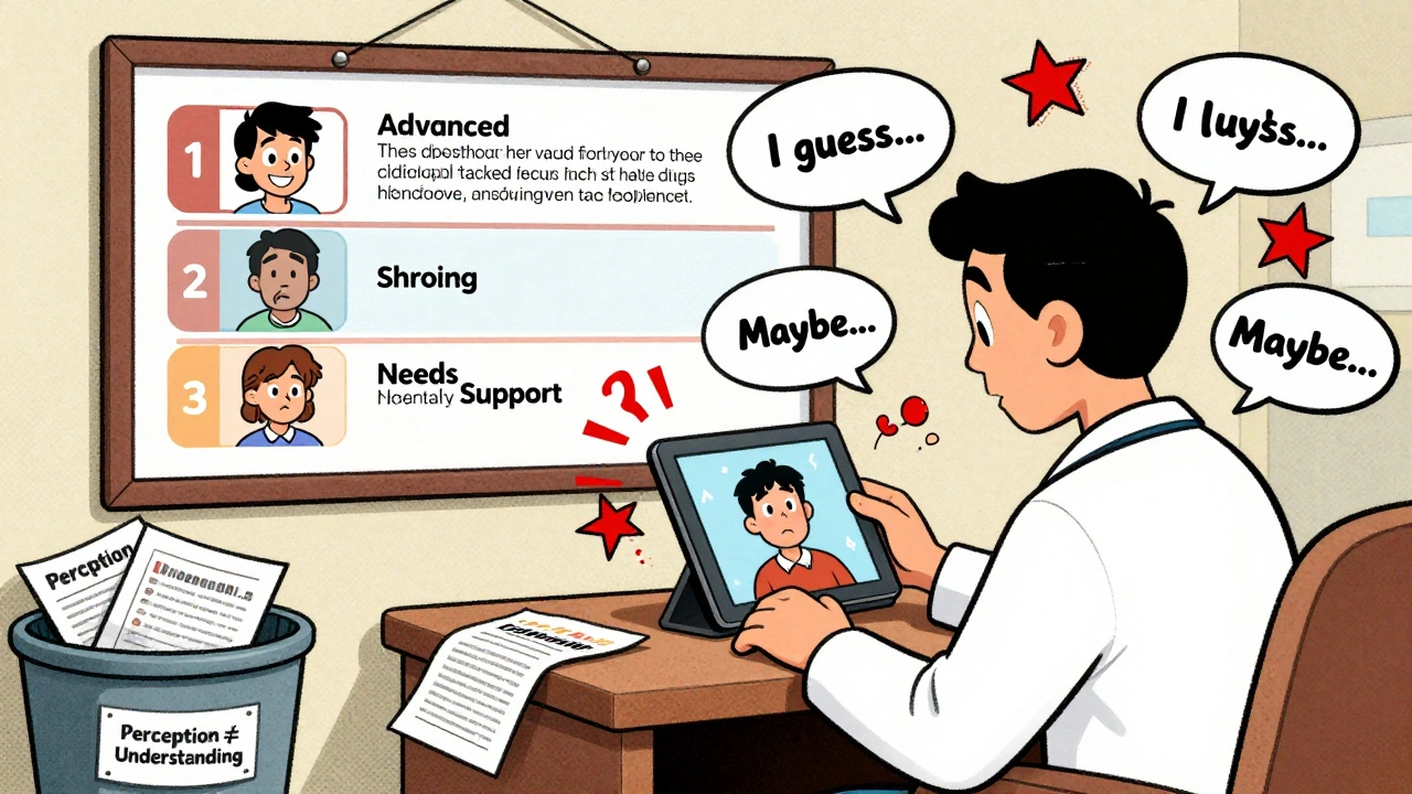 Doctor reviewing patient video with hesitation bubbles and rubric on wall.