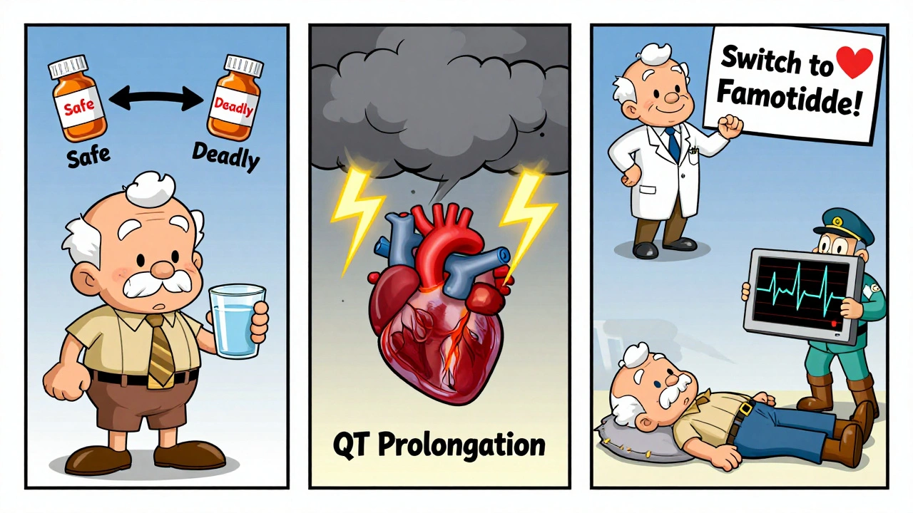 Elderly man collapsing after taking cimetidine, with medical team rushing in and safe alternative shown.