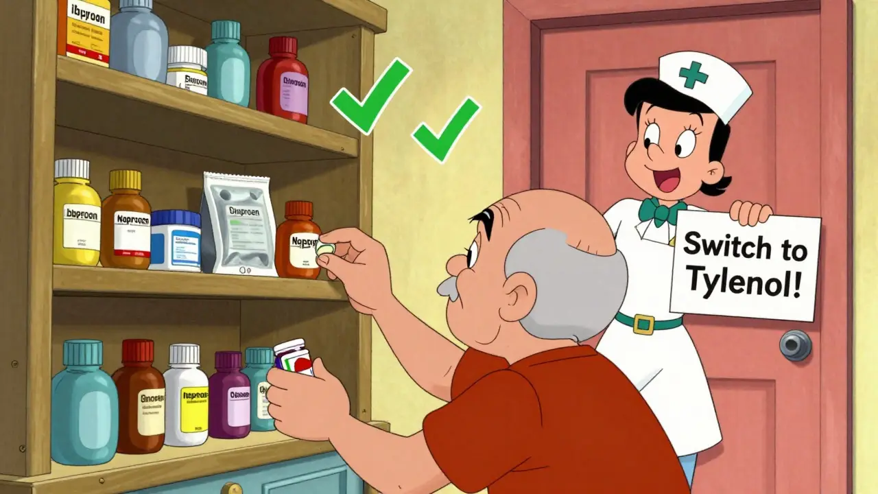 Family member removing NSAIDs from cabinet as nurse suggests acetaminophen instead.