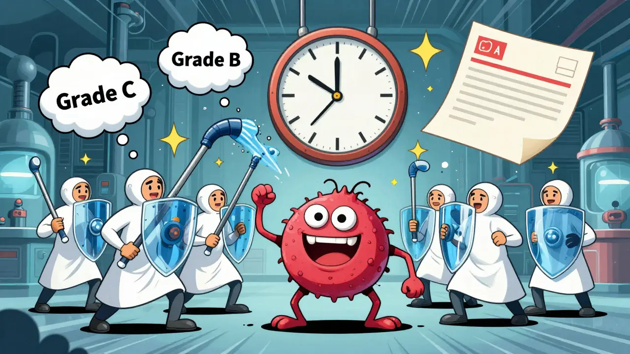 Heroic workers battle a cartoon microbe monster in a cleanroom with particle clouds and warning clock.