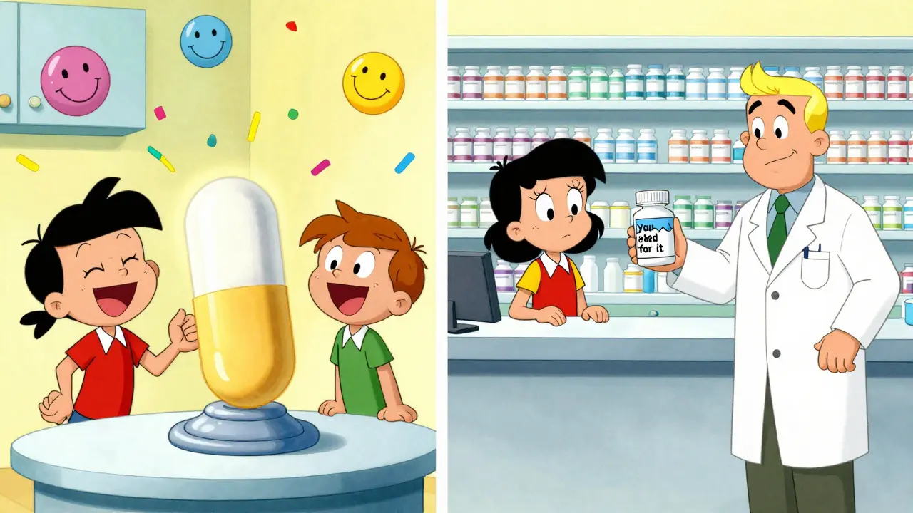 Left: family celebrates with a shiny branded pill on the kitchen counter. Right: same family receives a small white generic bottle at the pharmacy.