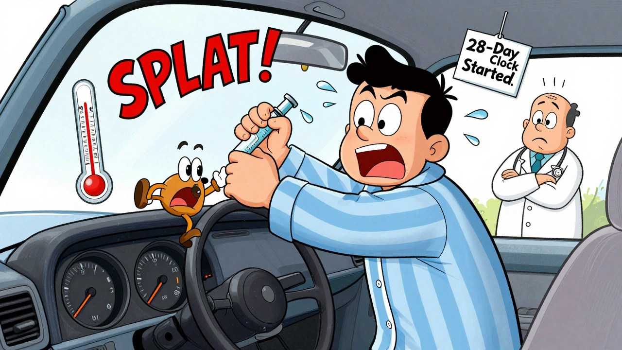 Man pulling insulin pen from hot car as it runs away like a scared character