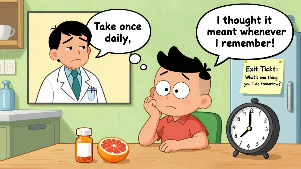 Patient confused about pill schedule with grapefruit and sticky note reminder.