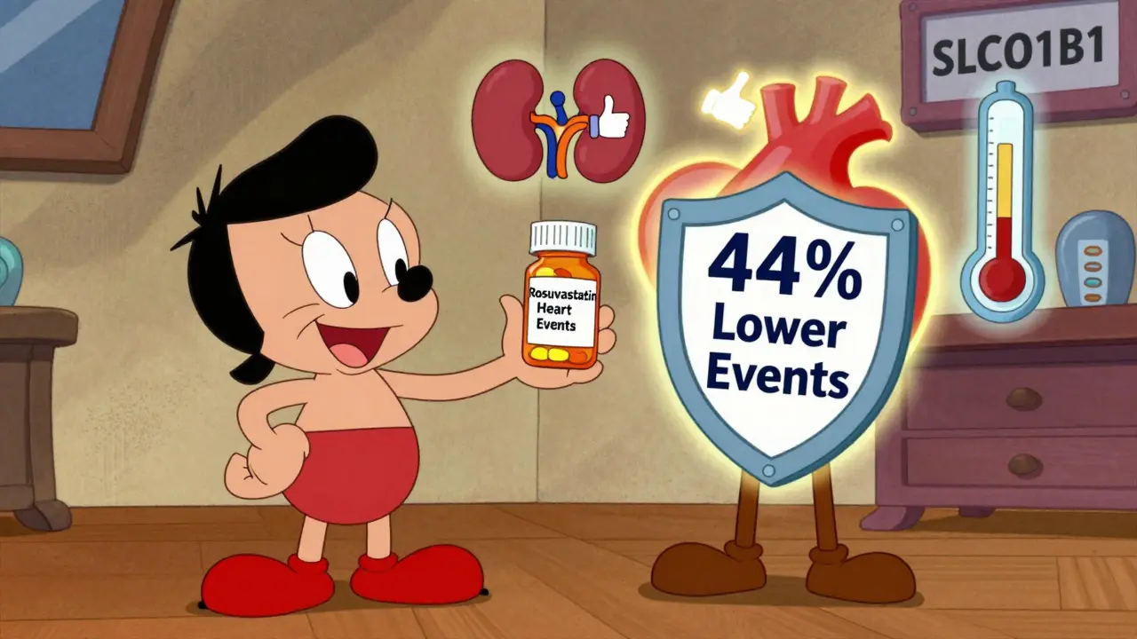 Patient holding rosuvastatin pill next to a glowing heart and health icons in retro cartoon style.