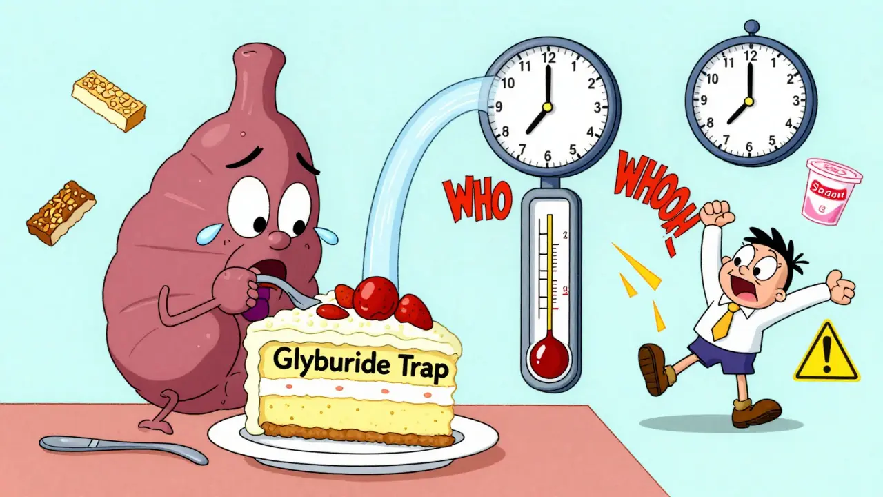 Person eating cake while pancreas overworks and blood sugar crashes in cartoon style.