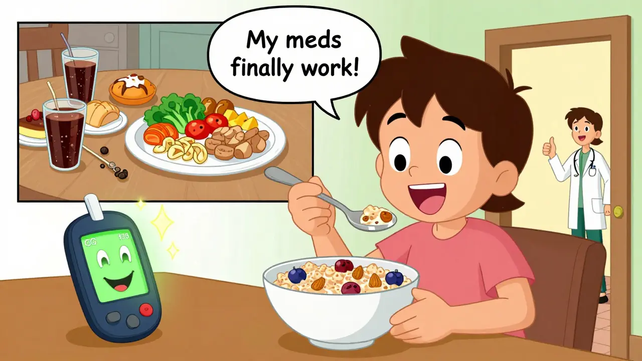 Person eating healthy oats with glowing CGM as unhealthy foods fade away in cartoon style.