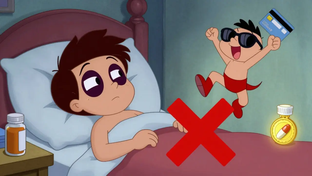 Person in bed with manic version dancing nearby, antidepressants marked with X, mood stabilizer glowing.