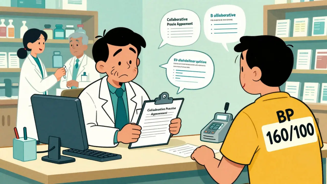 Pharmacist and doctor reviewing a collaborative agreement with patients getting care around them.
