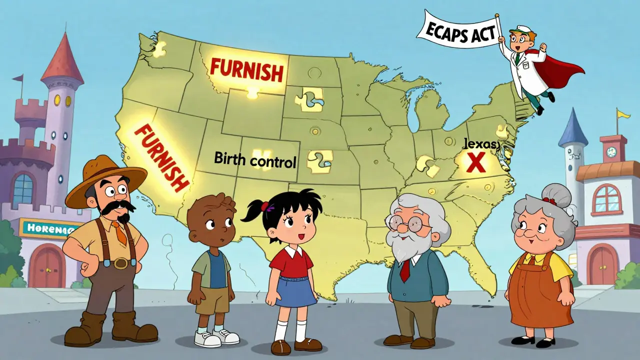 Pharmacist flying over a U.S. map showing state-by-state differences in pharmacy authority.