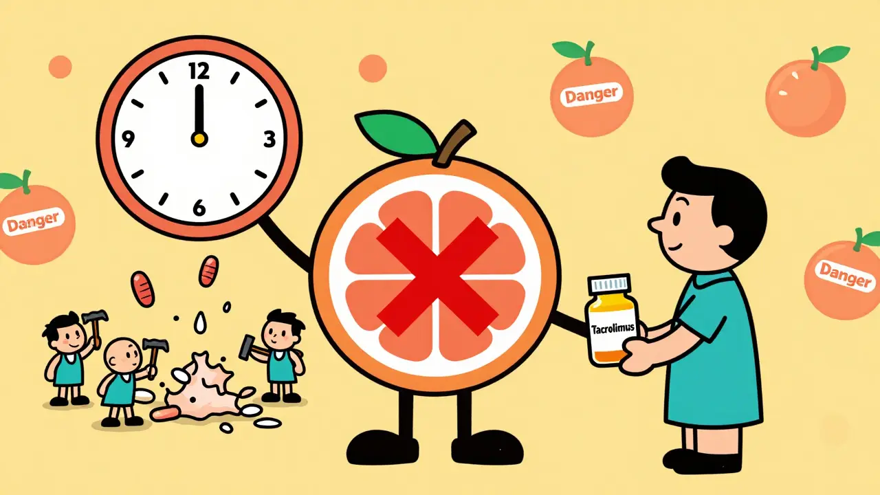 Pharmacist holds a grapefruit warning sign while enzymes crumble in the background with a 72-hour clock.
