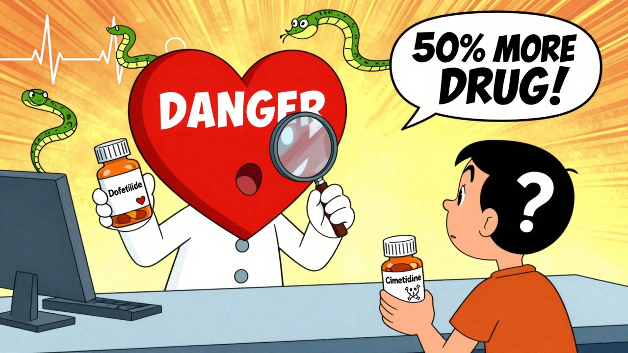 Pharmacist warning a patient about dangerous interaction between dofetilide and cimetidine pills.