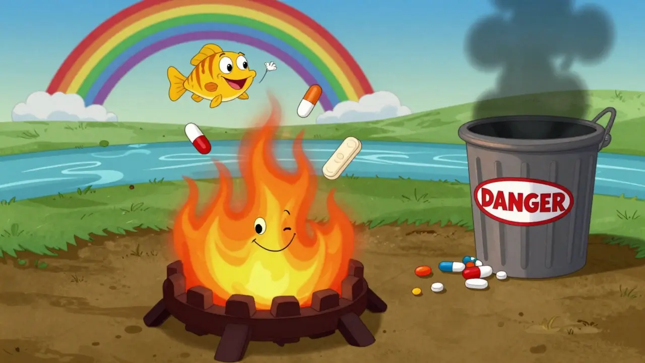 Pills and patches safely burning in a furnace while clean water and happy fish flow below.