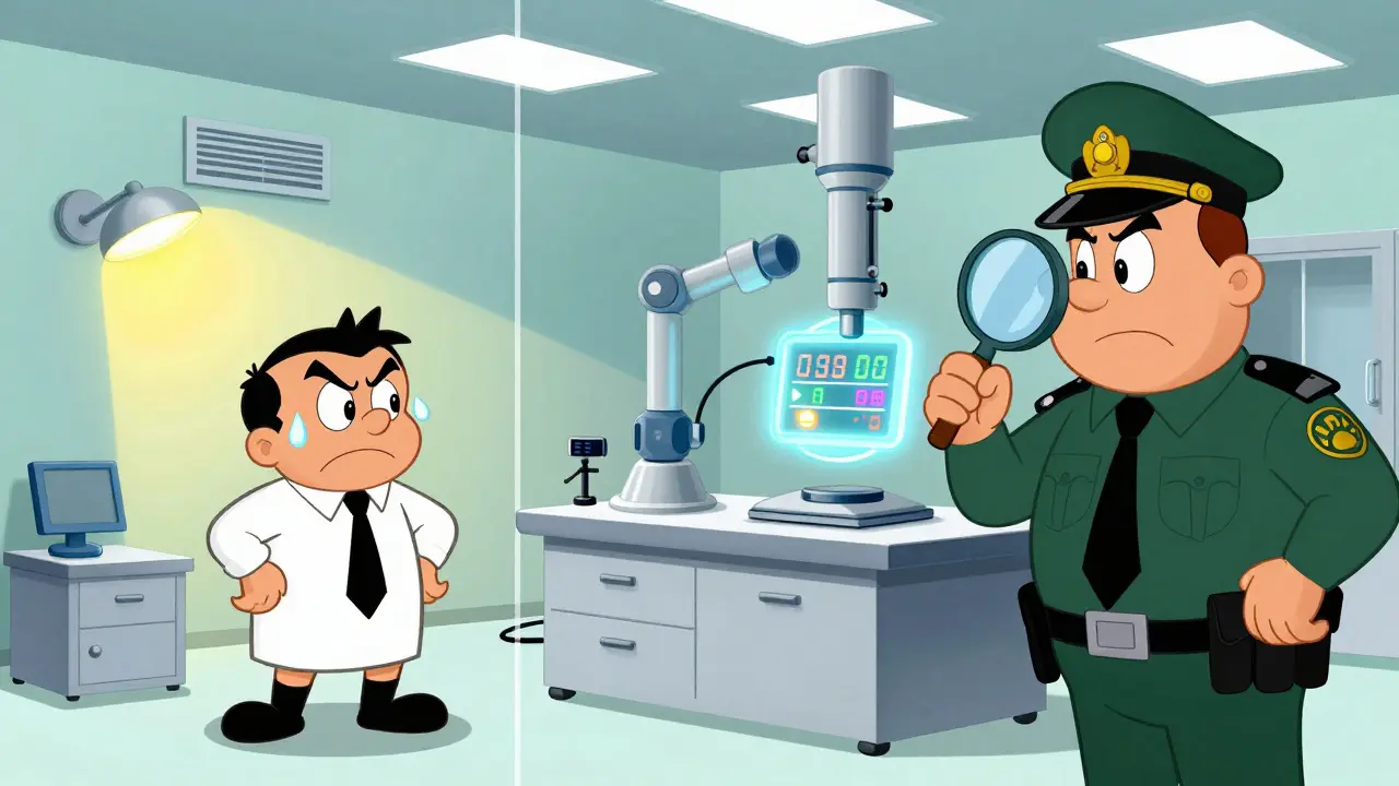 Split scene: messy low-grade room vs. high-tech Grade A cleanroom with FDA inspector watching.