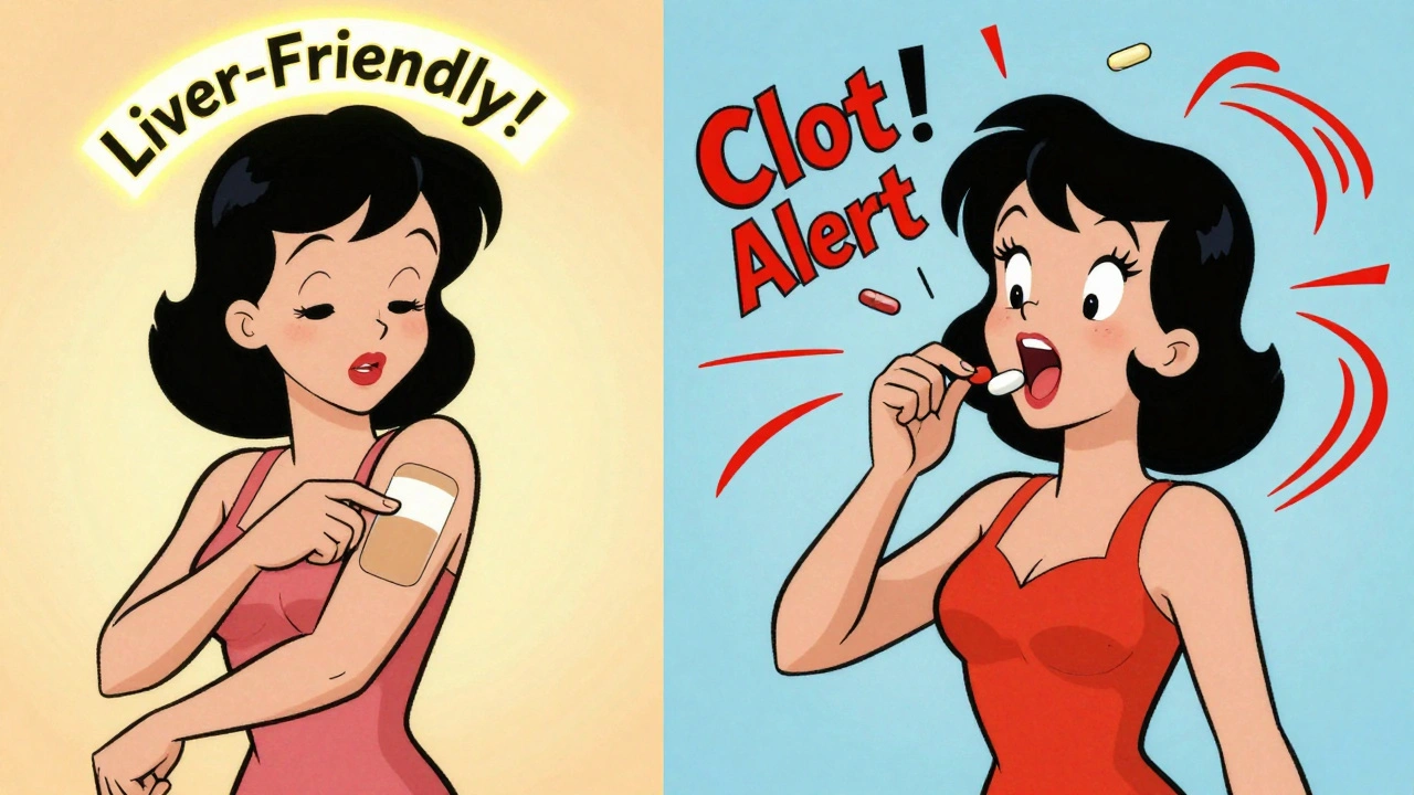 Split scene: one woman using patch with safe glow, another taking pills with danger symbols.