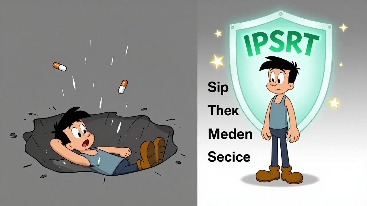 Split-screen: depression pit vs. steady routine with IPSRT shield, Hanna-Barbera cartoon style.