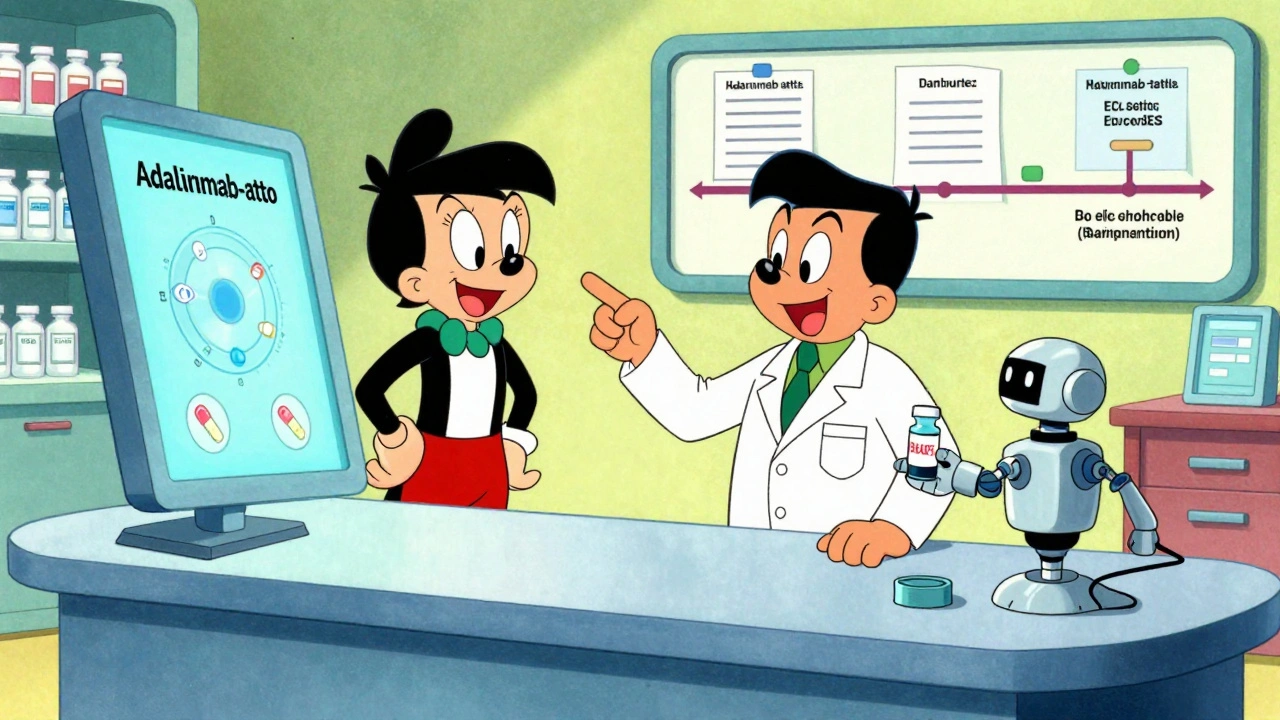 Technician identifies a biosimilar drug with AI screen help, in retro cartoon style.