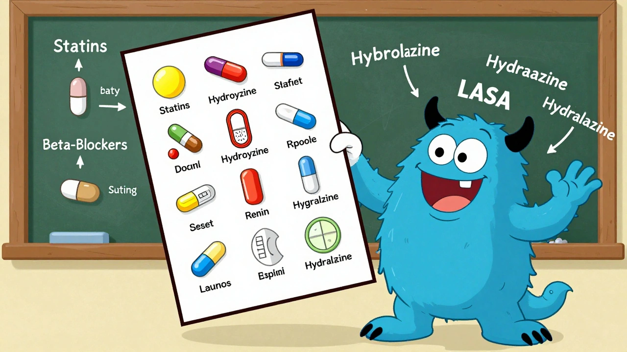 Technician using colorful flashcards to match pills to names while a funny monster tries to trick them.