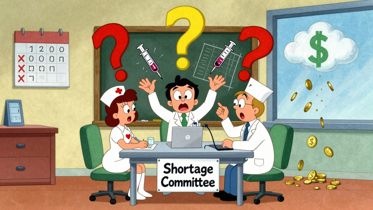 Three hospital staff drawing drug alternatives on a chalkboard while question marks and syringes float around them.