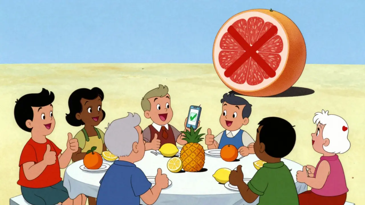 Transplant patients enjoy safe citrus fruits while a forbidden grapefruit rolls away with a big NO symbol.