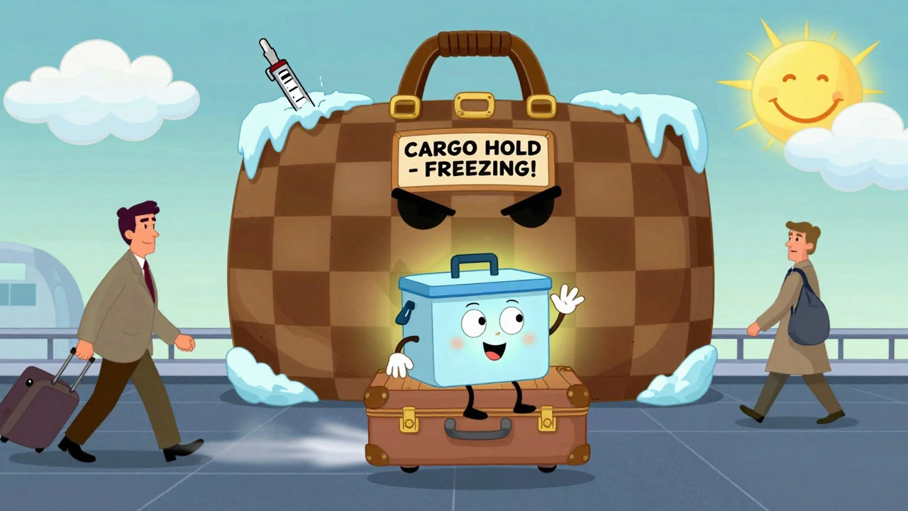 Traveling medical cooler with arms waving beside carry-on luggage at airport