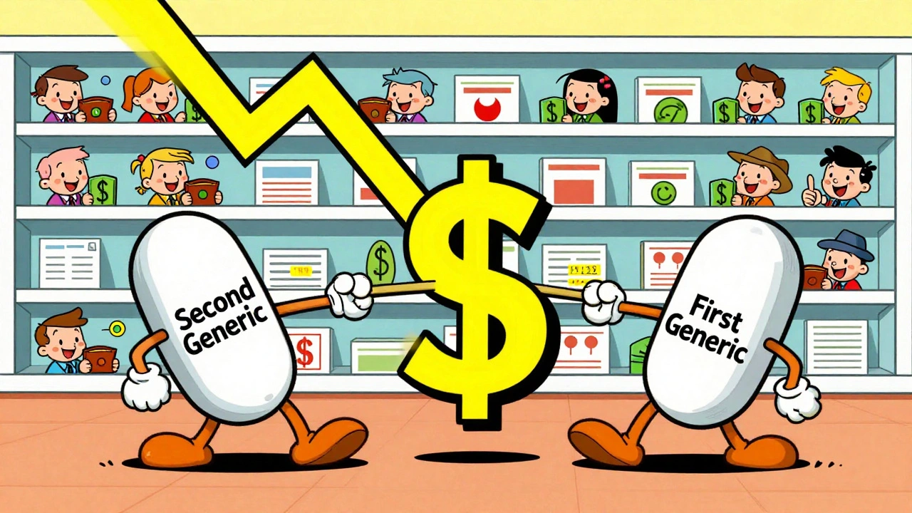 Two generic pills in a tug-of-war over prices, causing a falling price graph.