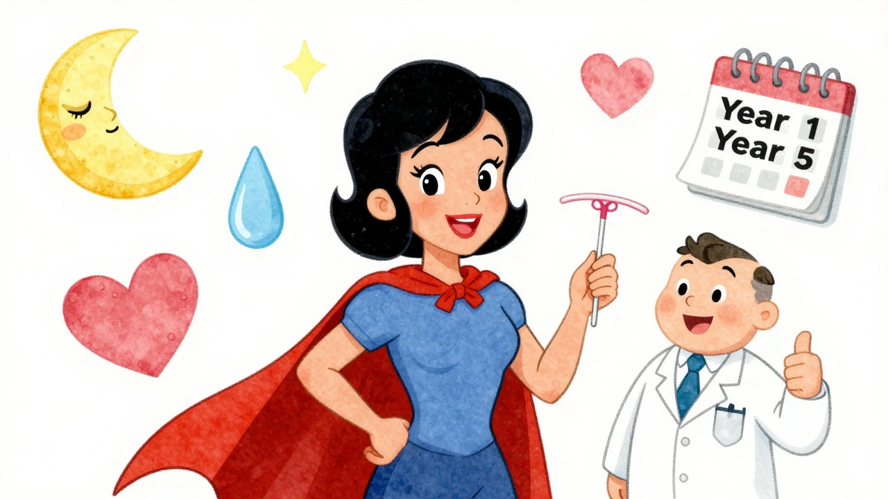 Woman holding Mirena IUD like a cape, surrounded by icons for sleep, mood, and heart health.