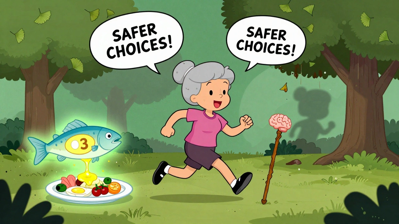 Woman jogging with healthy alternatives like fish and Mediterranean food, while Ginkgo tree crumbles behind her.