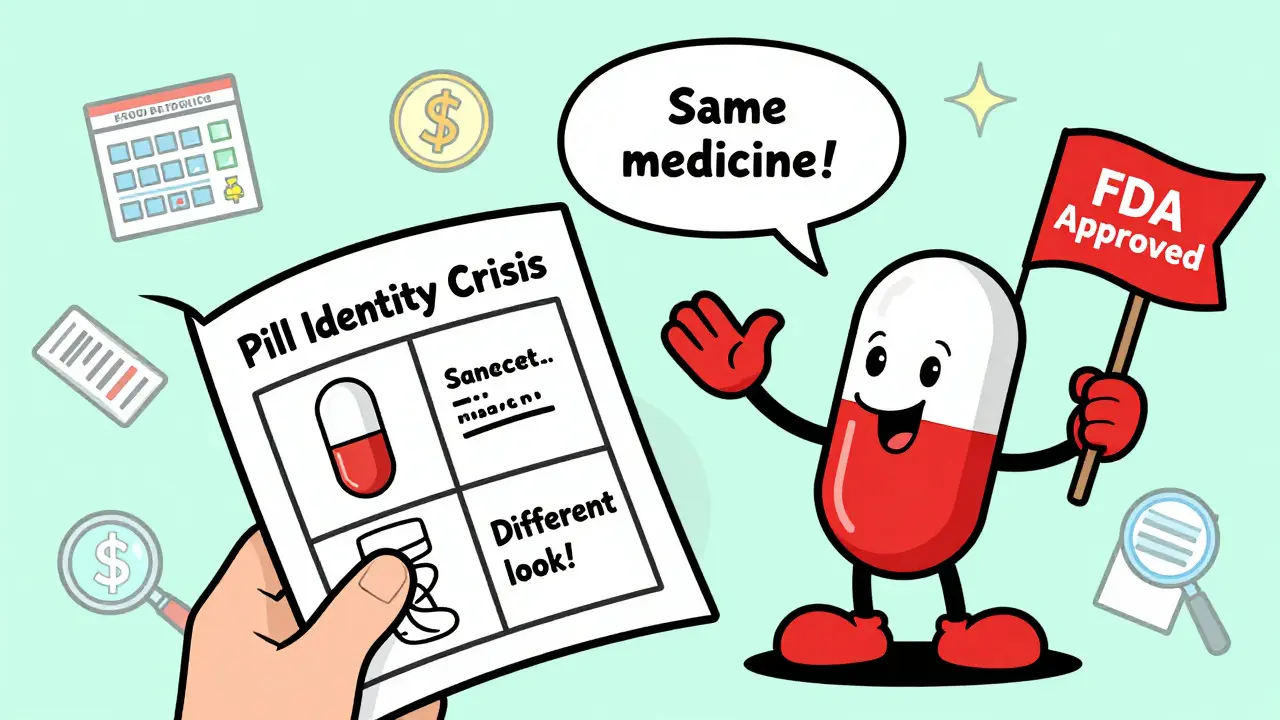 A cartoon pill with arms waves a flag labeled 'FDA Approved' while a patient reads an infographic about authorized generics.