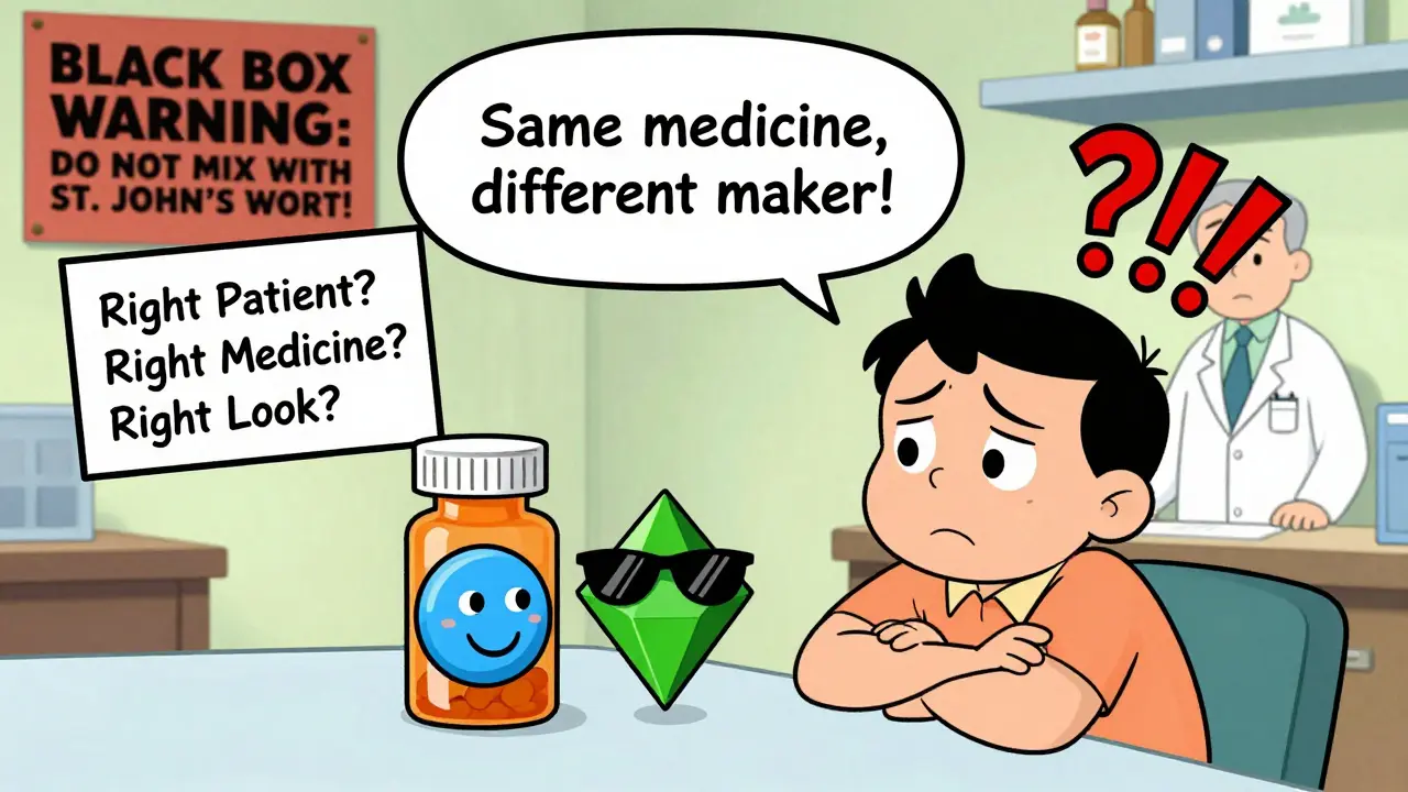 A confused patient compares two differently shaped pills, with a pharmacist explaining generics in a colorful, whimsical pharmacy setting.