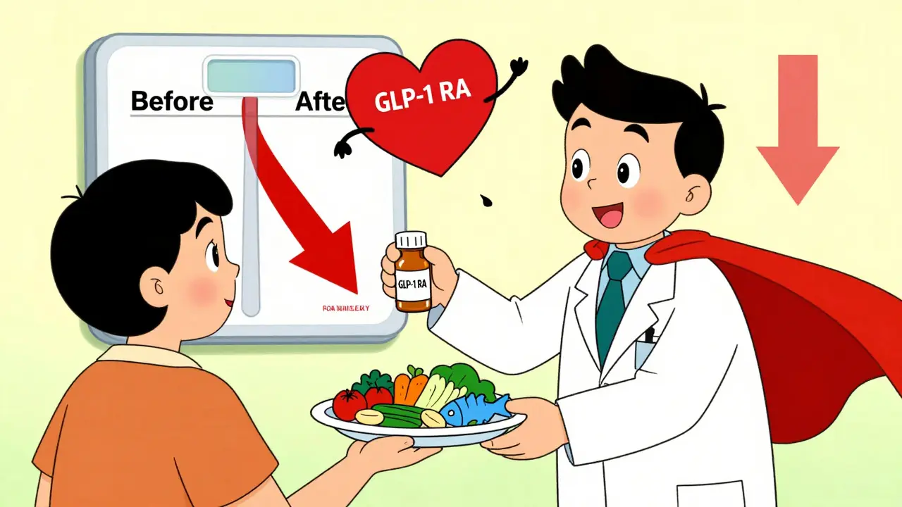 A doctor gives a patient medication and healthy food, while a cartoon heart with a cape flies upward in triumph.