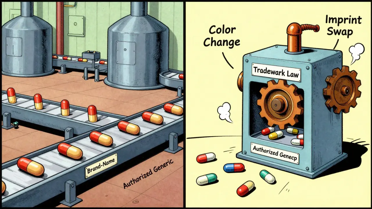 A factory conveyor produces identical pills that emerge with different colors and imprints due to a comical trademark law machine.
