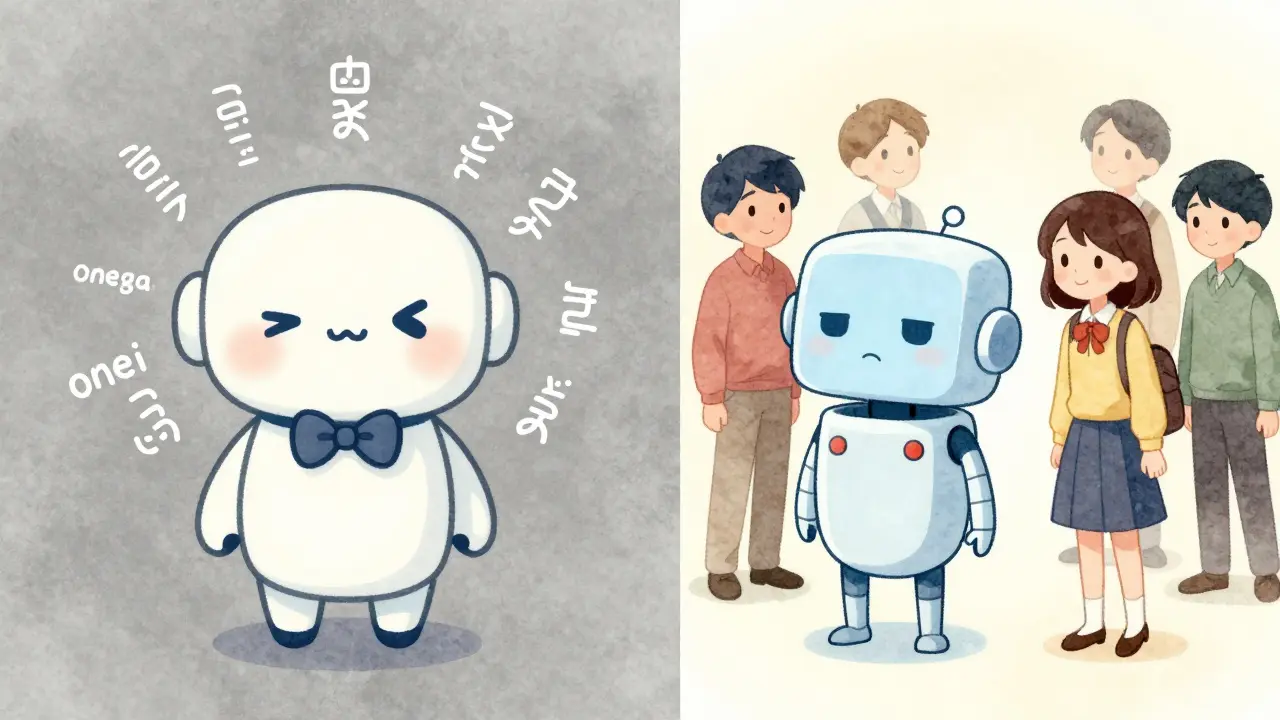 A friendly Japanese chatbot with polite animations, warming up users, while a cold Western AI is ignored in cartoon illustration.