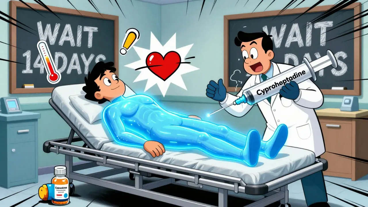 A patient in emergency room has glowing serotonin symptoms as doctors rush to treat them.