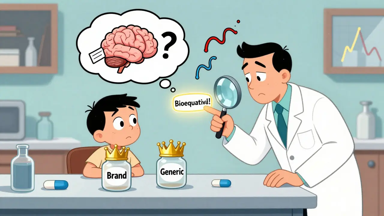 A patient stares at two pills—one branded, one generic—while a pharmacist explains bioequivalence with a magnifying glass.