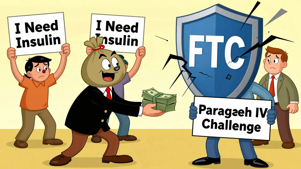 A pharma CEO with a money bag head bribes a generic maker to delay launch, while patients beg for medicine.