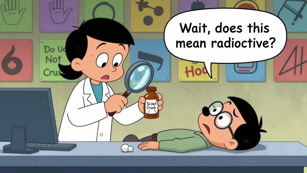 A pharmacist examines a crumbling label while a patient faints, surrounded by chaotic warning symbols.