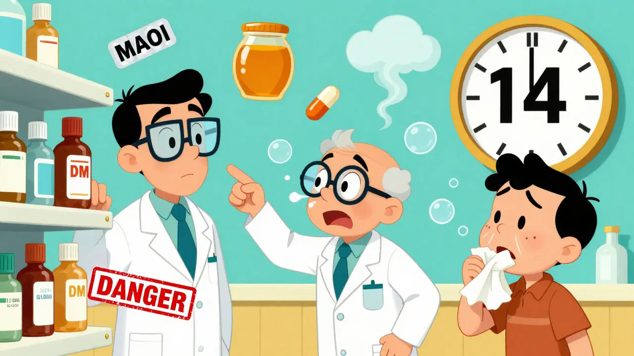 A pharmacist warns a patient about dangerous cough medicine labels in a colorful pharmacy.