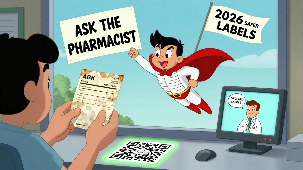 A superhero patient flies in with an 'Ask the Pharmacist' sign as a QR code glows on a medicine bottle.