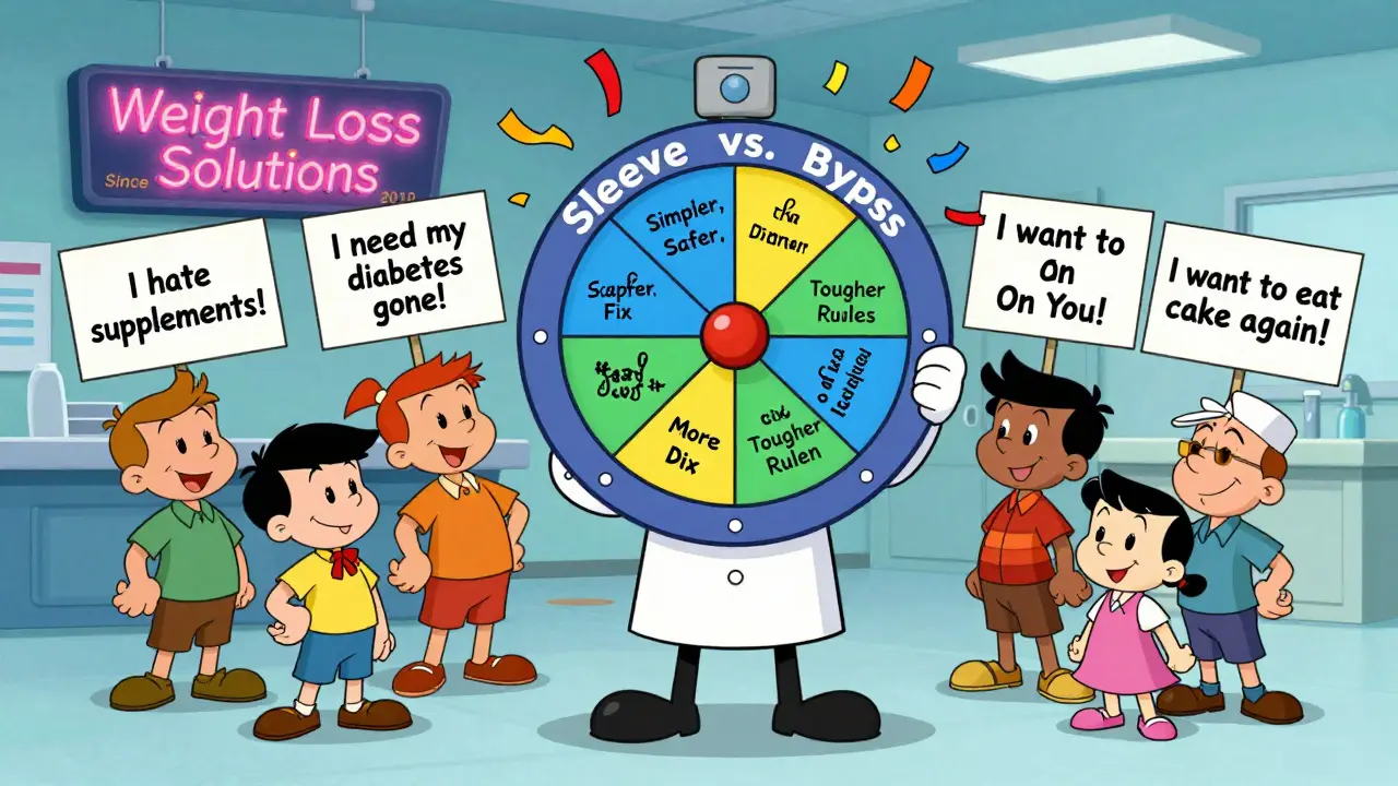 A surgeon spinning a decision wheel labeled 'Sleeve vs. Bypass' while diverse patients hold signs about their preferences.