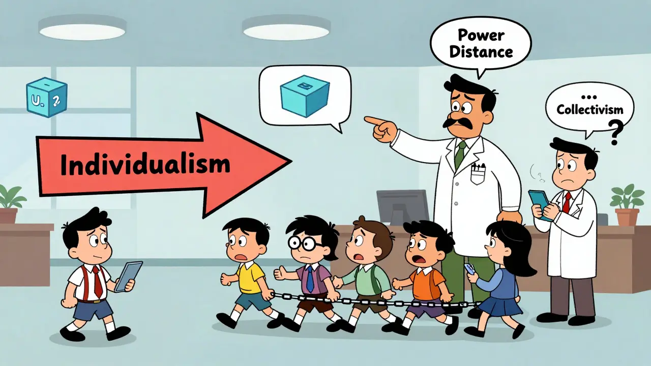 Animated tech team surrounded by floating Hofstede dimensions, showing how culture affects tech adoption in comic style.