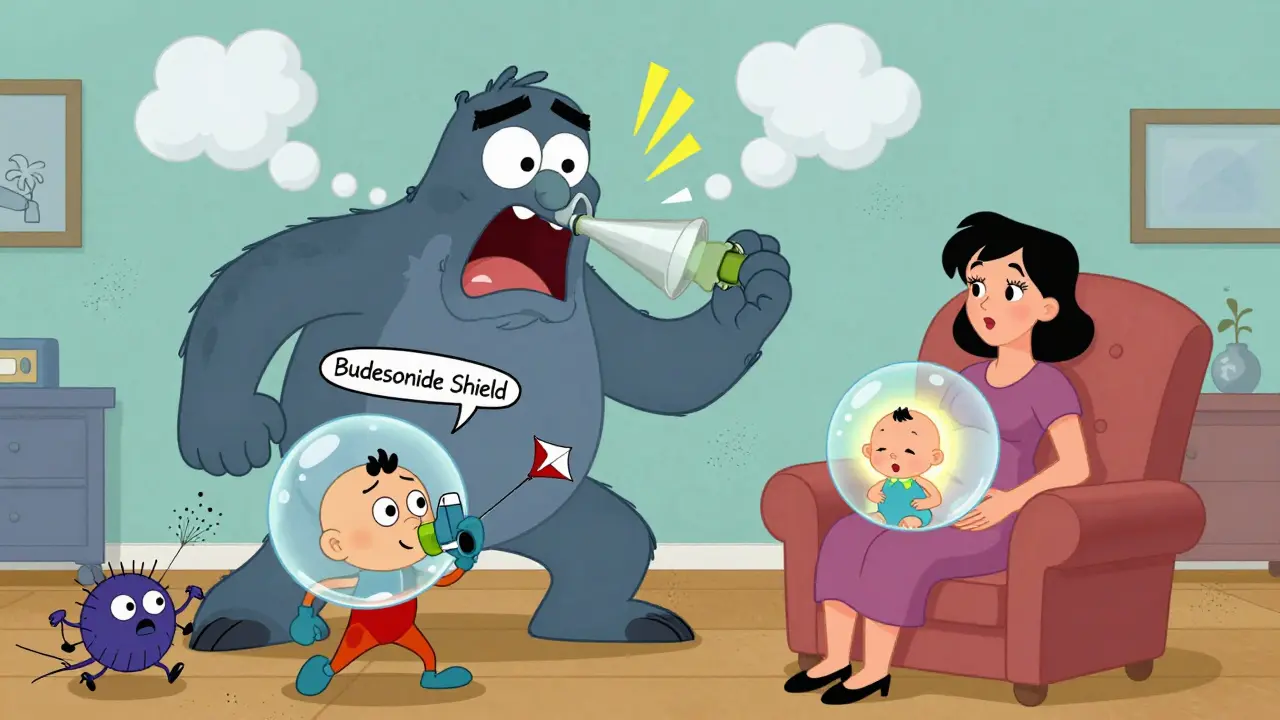 Asthma attack monster defeated by inhaler superhero as pregnant woman watches safely at home.