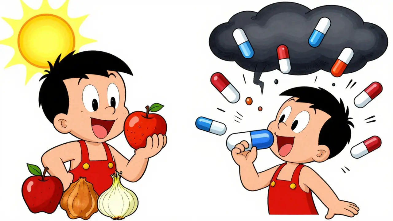 Contrasting healthy food vs dangerous supplement with crashing drug icons.