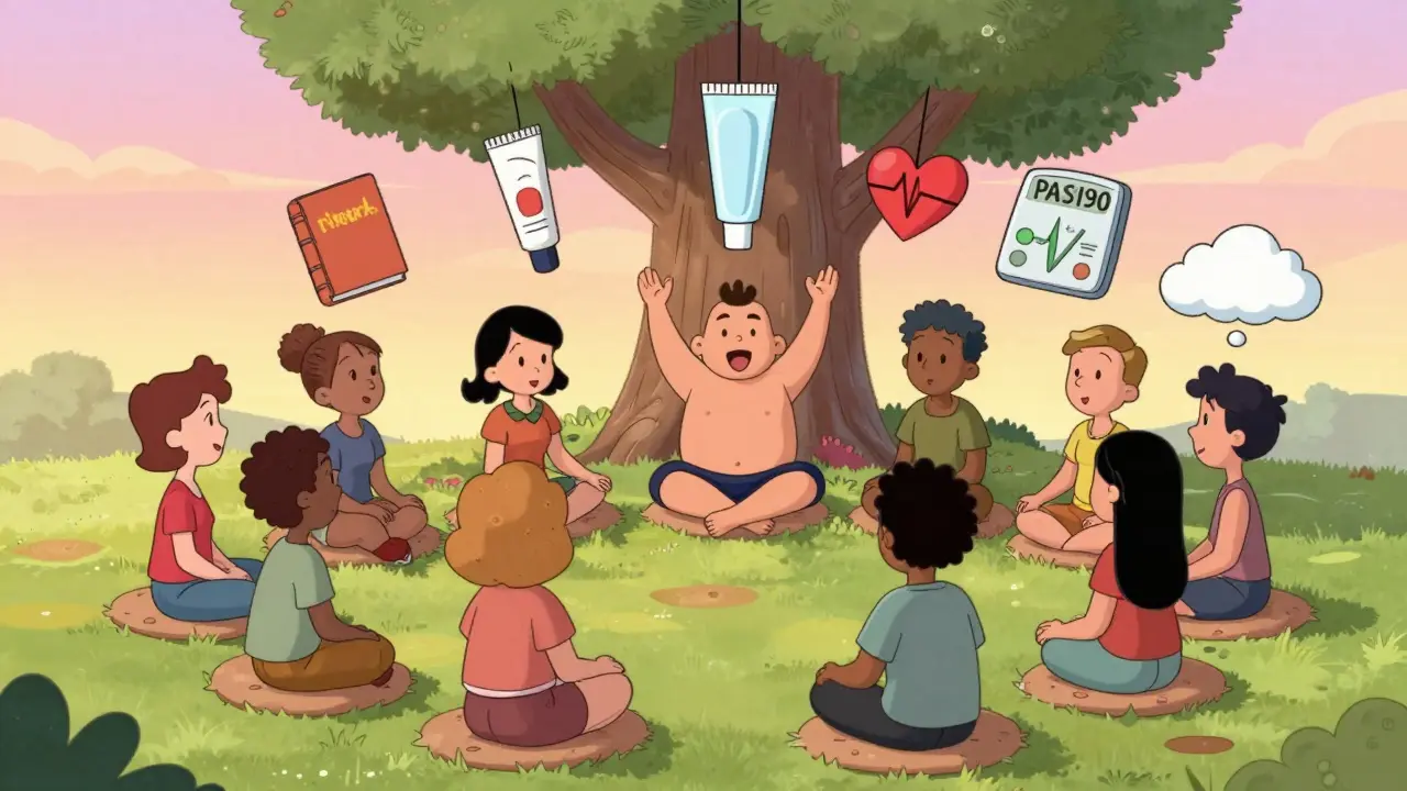 Diverse group in support circle with psoriasis symbols floating above them in warm sunset light.